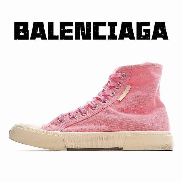 纯原版本 Balenciaga巴黎世家24夏季新品paris磨损做旧效果休闲帆布鞋 高帮 粉色 8孔绑带鞋面背面浮印尺码鞋头边缘印有balenciaga品牌标识