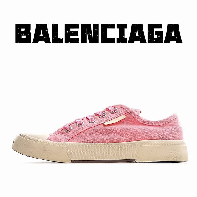 纯原版本 Balenciaga巴黎世家24夏季新品paris磨损做旧效果休闲帆布鞋 低帮 粉色 8孔绑带鞋面背面浮印尺码鞋头边缘印有balenciaga品牌标识