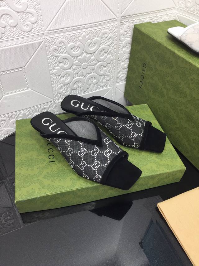 出厂价 顶级版本 Gucci 古驰春夏新款gg Vintage中古烫钻网纱后空包头小猫跟方头凉鞋单鞋高跟鞋 这g家系列aria水钻高跟鞋太好看了，鞋面镶钻bul