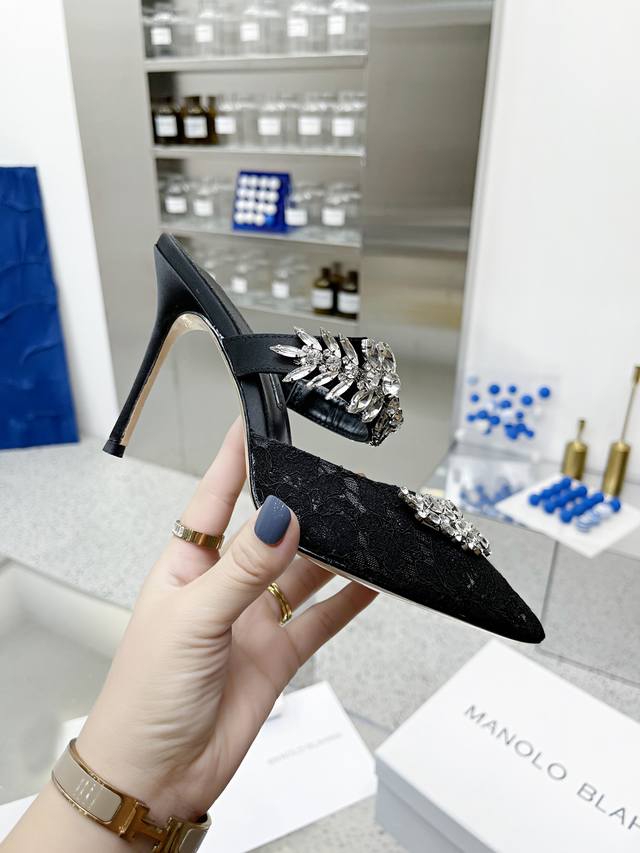 顶级版本 Manolo Blahnik 四季经典款 90毫米“Lurum”施华洛世奇水晶丝绸缎面穆勒鞋高跟鞋 顶级代购版本 超精致一比一零离距打造！用最好料材打