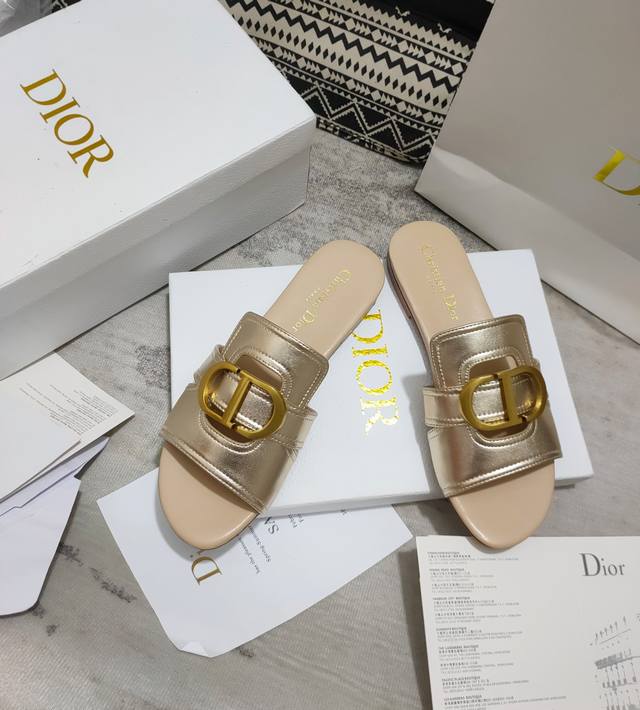 出厂价pp皮底 ，橡胶底210 迪奥 Dior 2021早春新款女鞋 Cd字母金属logo平底镂空凉鞋，圆头粗跟果冻色拖鞋 市面顶级版本 材质:鞋面进口石头纹牛