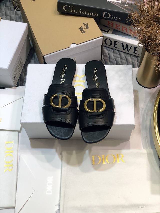 出厂价pp皮底 ，橡胶底210 迪奥 Dior 2021早春新款女鞋 Cd字母金属logo平底镂空凉鞋，圆头粗跟果冻色拖鞋 市面顶级版本 材质:鞋面进口石头纹牛