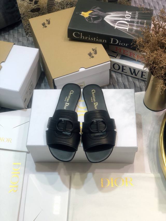 出厂价pp皮底 ，橡胶底210 迪奥 Dior 2021早春新款女鞋 Cd字母金属logo平底镂空凉鞋，圆头粗跟果冻色拖鞋 市面顶级版本 材质:鞋面进口石头纹牛