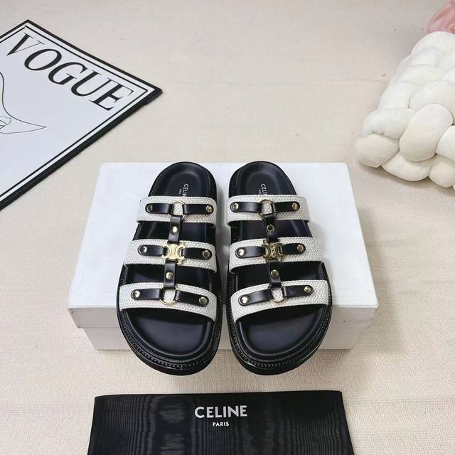 Celine｜赛琳23Ss春夏新品 凯旋门懒人拖鞋 Go 材质： 面料采用进口胎牛皮 内里垫脚均为牛皮 原版牛筋大底真皮沿条 原版开模五金扣 码数: 35-39