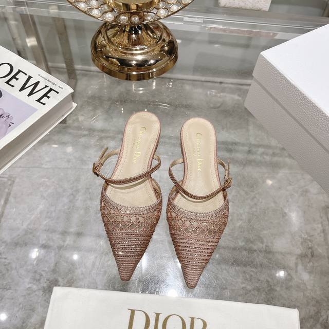 出厂 顶级版 迪奥 Dior 2024 春夏新款一字带烫钻拖鞋 小方头玛丽珍跟鞋 市面顶级版本 每个女生都有一双水晶鞋 它星星点点的很发光 都舍不得穿 上脚还特