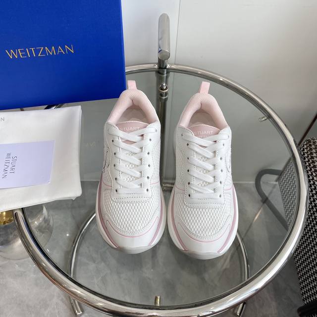 Stuart Weitzma*思缇韦曼 Sw Trainer系列 厚底 休闲 运动鞋 老爹鞋 顶级品质 原版购入开发 做货 鞋面采用牛皮与网面的拼接设计搭配杏仁