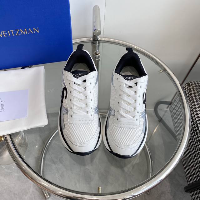 Stuart Weitzma*思缇韦曼 Sw Trainer系列 厚底 休闲 运动鞋 老爹鞋 顶级品质 原版购入开发 做货 鞋面采用牛皮与网面的拼接设计搭配杏仁