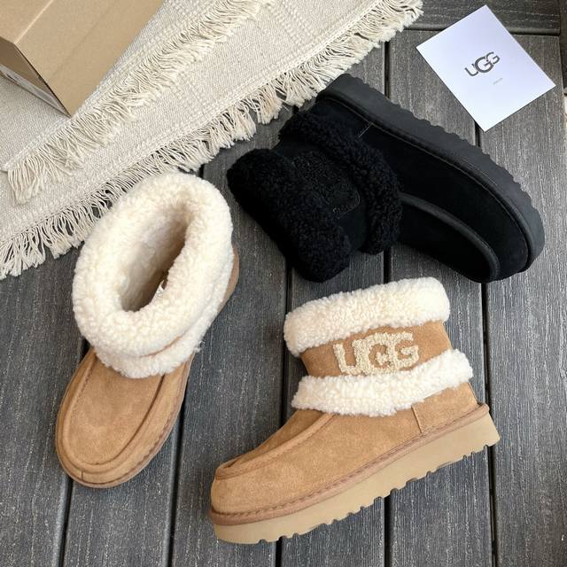 Ugg 刺绣logo翻毛雪地靴火爆来袭 牛皮搭配皮毛一体设计 秋冬穿搭必备单品 材质牛皮，内里真羊毛 码数：35-41