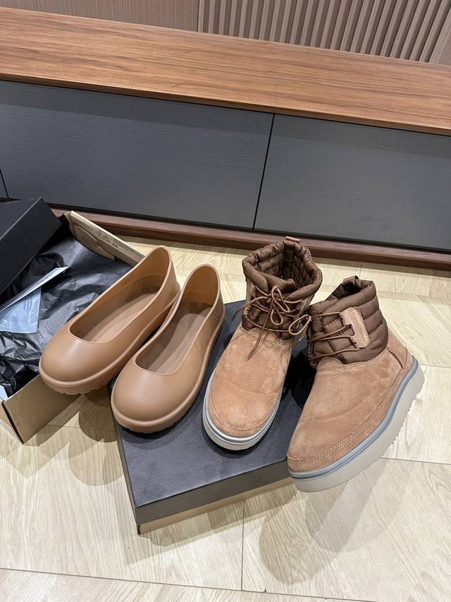 ugg P: 情侣款，Size：35-44. Ugg2024秋季新款两穿胶套雪地靴 麂皮拼羽绒内羊毛 Eva底加胶套防污防水.