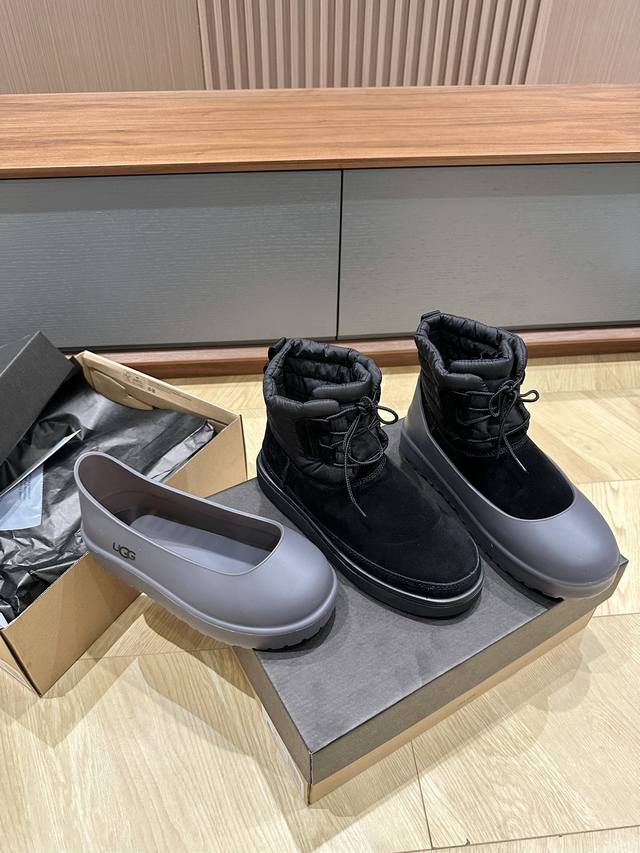 ugg P: 情侣款，Size：35-44. Ugg2024秋季新款两穿胶套雪地靴 麂皮拼羽绒内羊毛 Eva底加胶套防污防水.