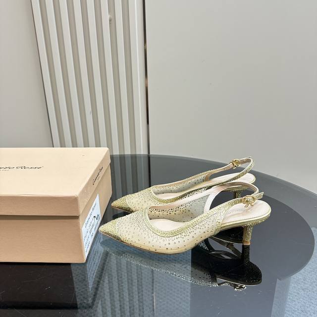 Gianvito Rossi 2025新款凉鞋顶级版本代购品质这双施华洛奇水钻搭配网高跟尖头后空凉鞋，水钻闪耀着奢华光芒，如同繁星点点 网面设计独具韵味，增添了